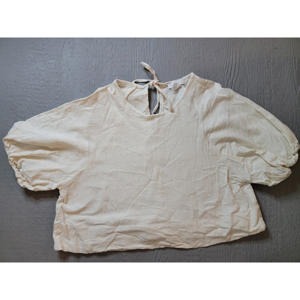 House of Harlow 1960 Cream Linen Blend Puff Sleeve Tie Back Crop Blouse XL